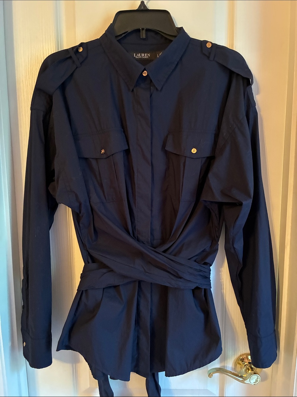 Ralph Lauren Women’s Navy Button Down Shirt Wrap Front Military Safari L